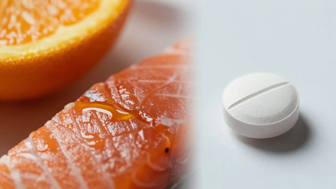 Porovnání čerstvého ovoce a ryb s bílou vitamínovou tabletou v makro záběru.