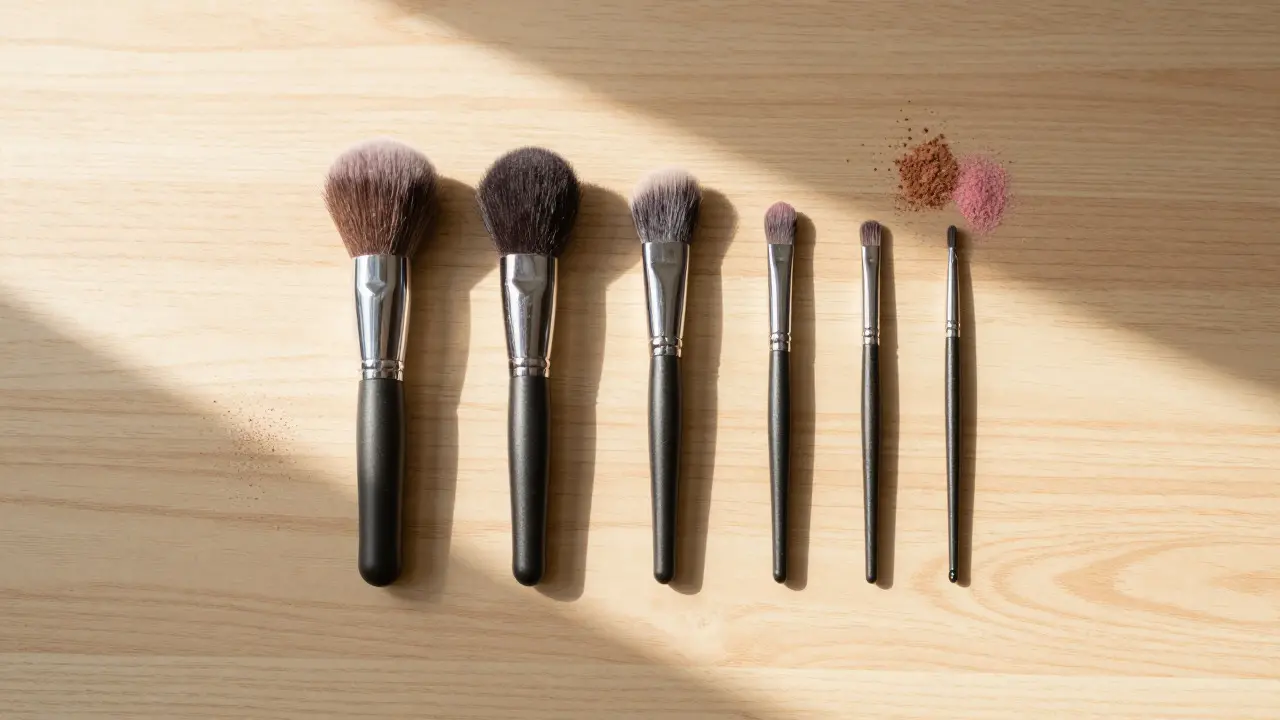 Přehled základních typů make-up štětců rozložených na dřevěném stole
