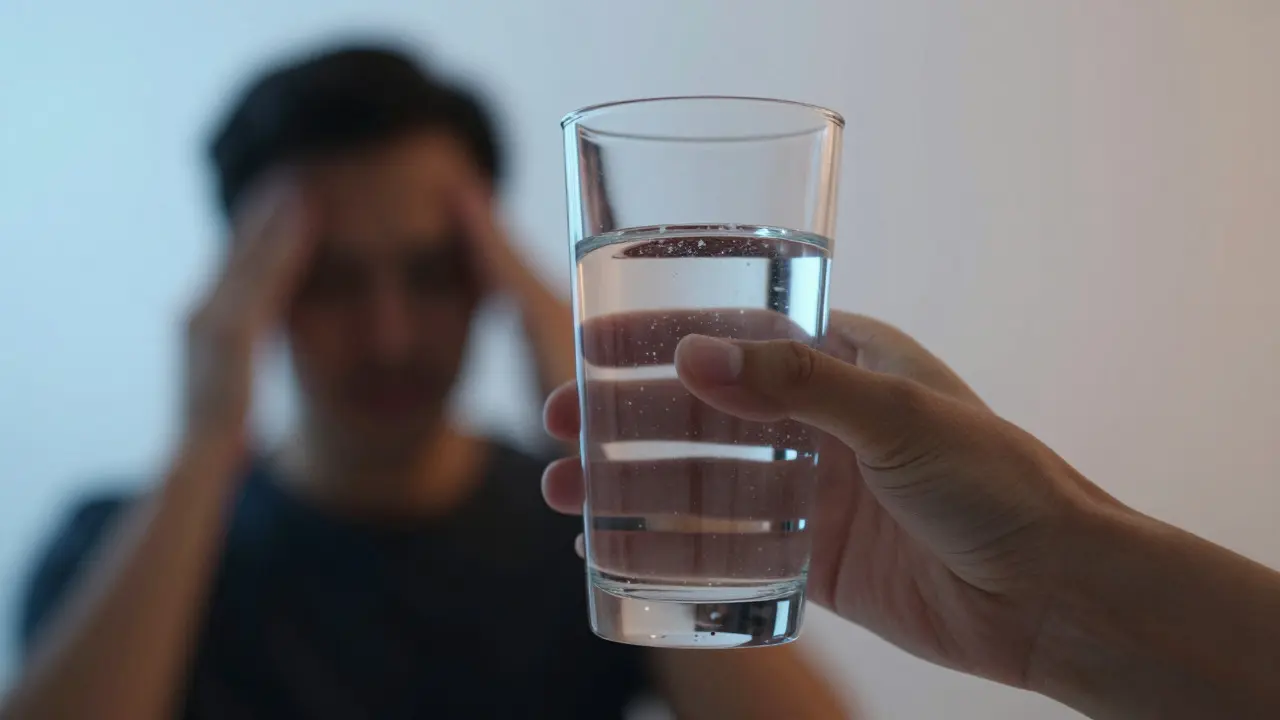 Ruka držící sklenici vody s vizuálními efekty elektrolytů