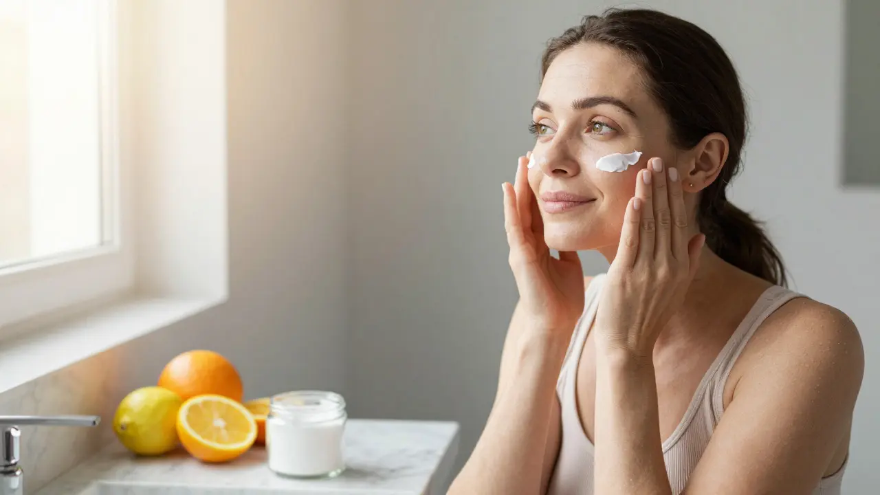 Žena s hydratovanou pletí používá péči a doplňuje vitamin C