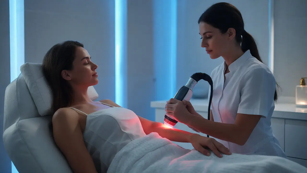 Aplikace laseru na paži pacientky v kosmetickém salonu