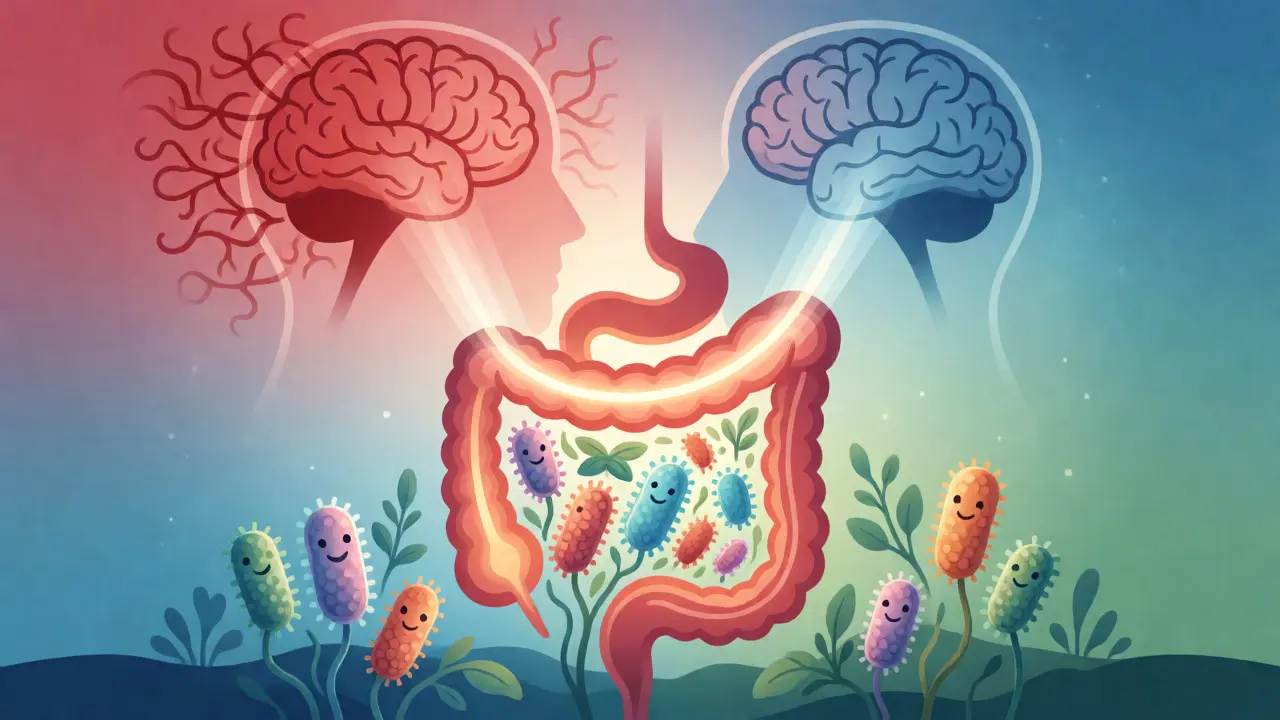 Ilustrace propojení mozku a střevního mikrobiomu s prospěšnými bakteriemi.