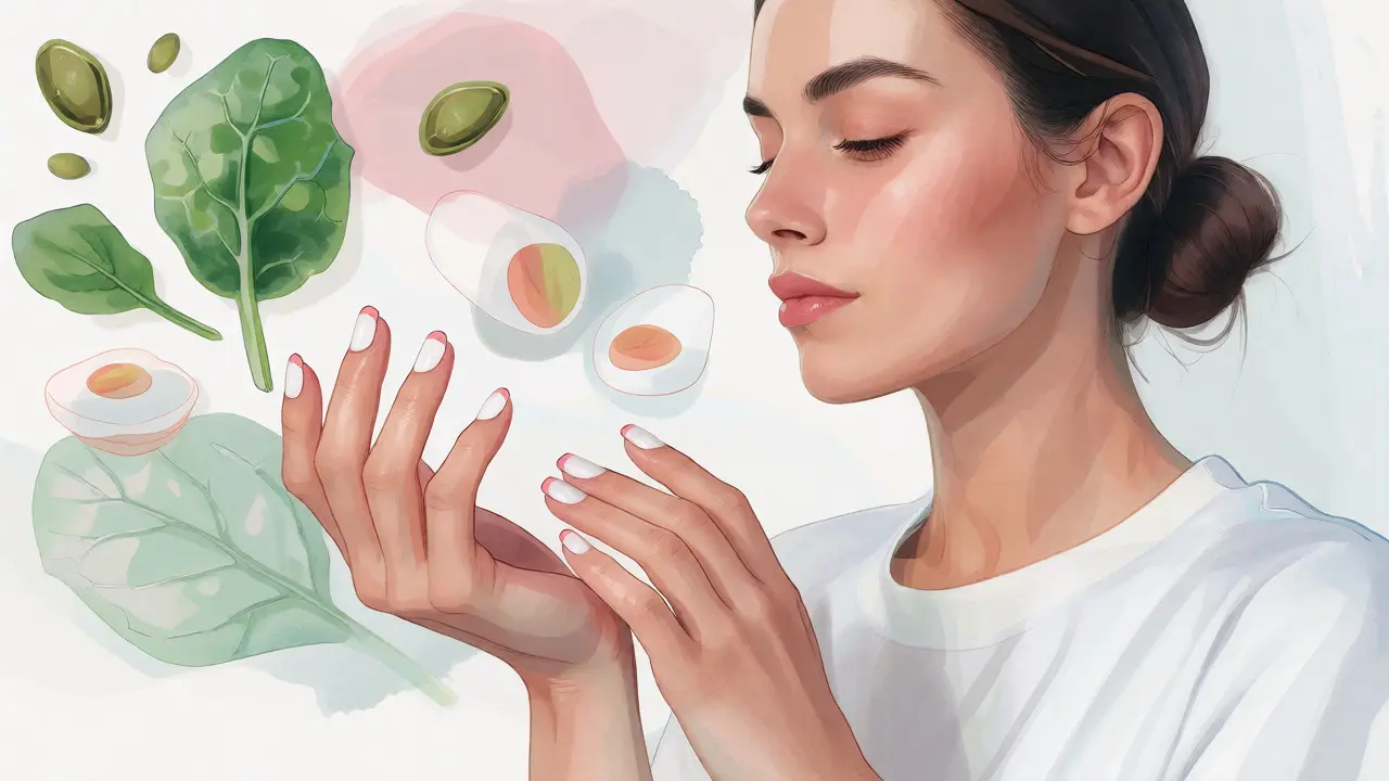 Ilustrace ženy s bílými nehty a symboly zdravých potravin