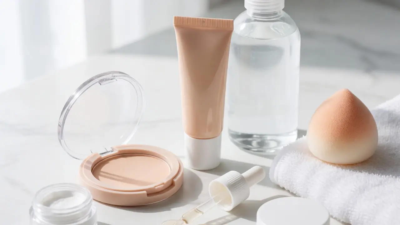 Minimalistická kompozice produktů pro krytí akné a péči o pleť na bílém pozadí.