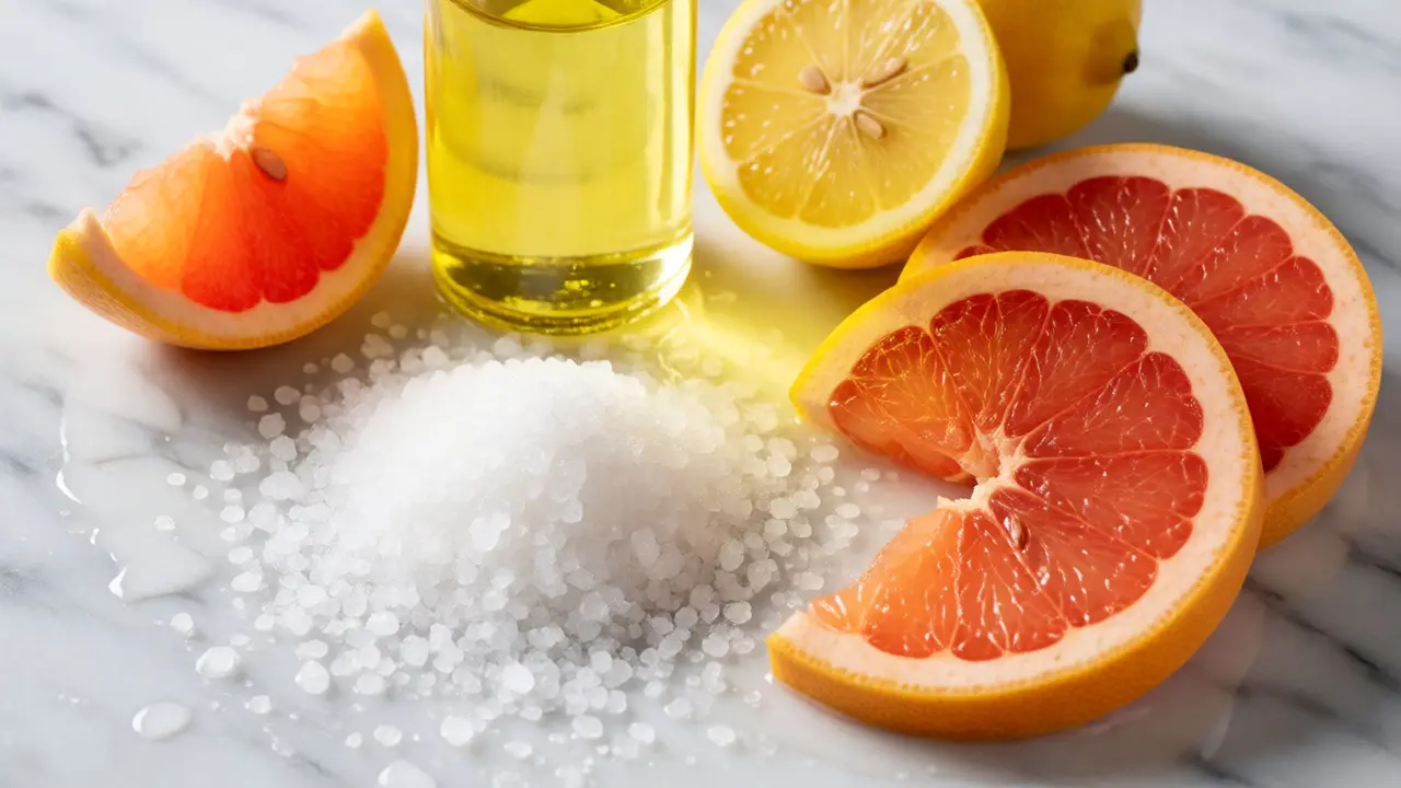 Mořská sůl, citrusy a olej připravené k výrobě peelingu