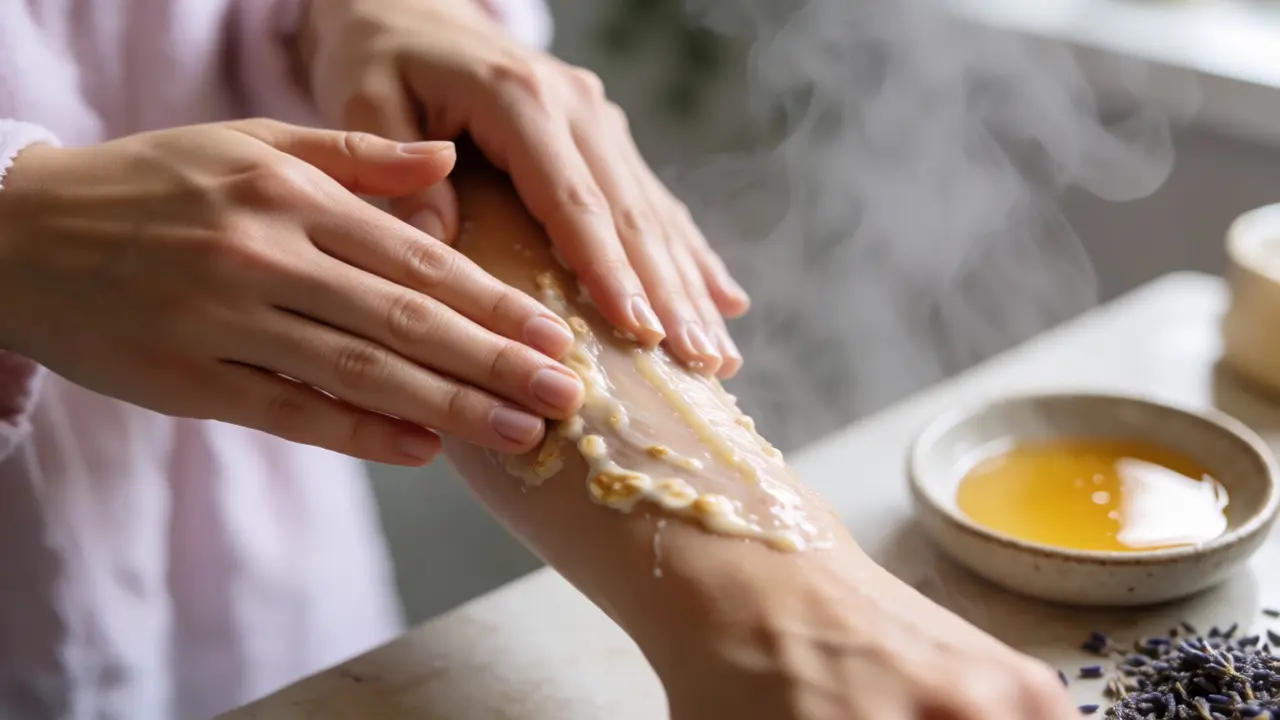 Ruce jemně nanášejí ovesný peeling na předloktí v koupelně