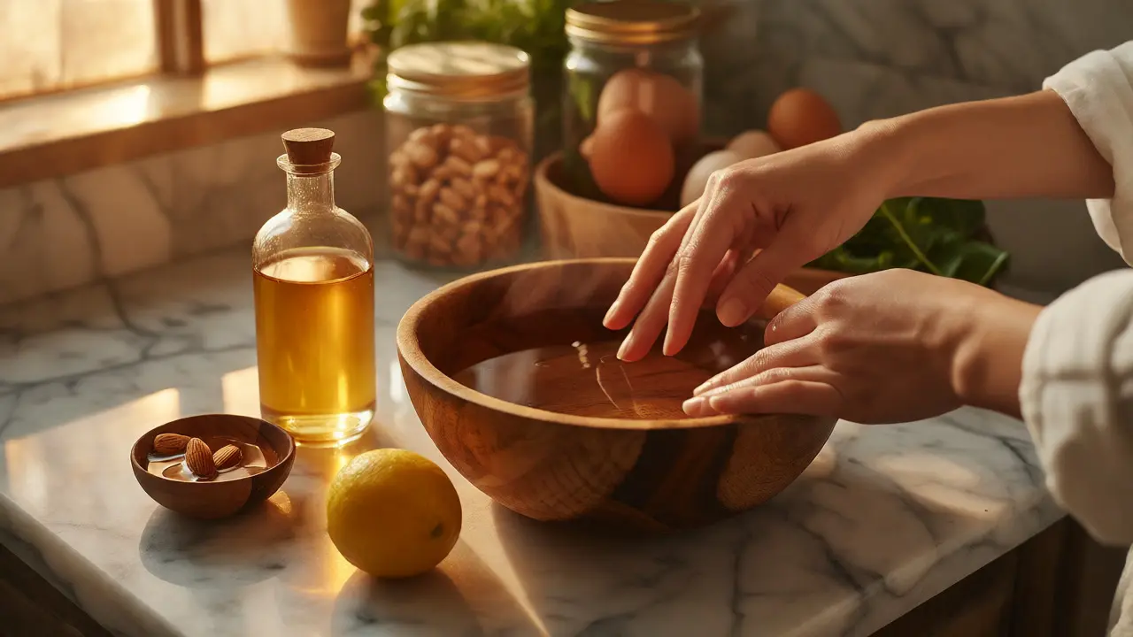 Ruce namočené v misce s octem vedle oleje a citronu pro péči o nehty