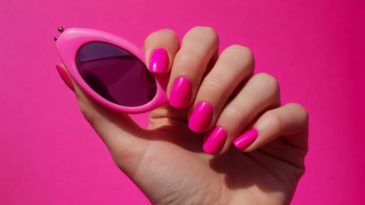 Ruka s výraznými nehty v odstínu Barbie Pink na růžovém pozadí.