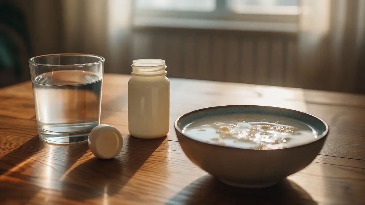 Sklenice vody a jogurt na stole v ranním světle