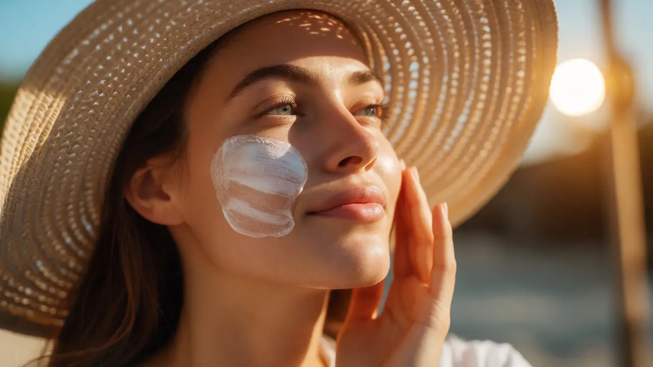 Žena nanáší opalovací krém a nosí klobouk pro ochranu před sluncem