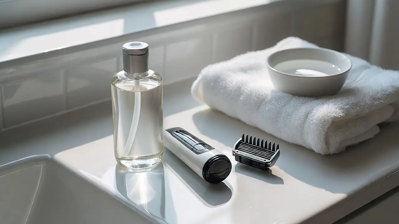 Holicí gel, trimmer a čepel na umyvadle připravené k použití