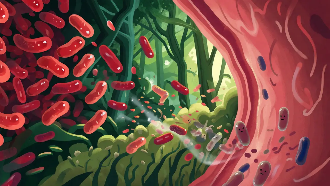 Ilustrace ničení prospěšných laktobacilů antibiotiky ve střevním mikrobiomu