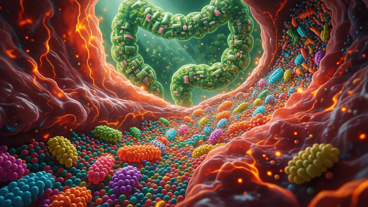 Ilustrace střevního mikrobiomu jako města s bakteriemi procházejícími žaludkem