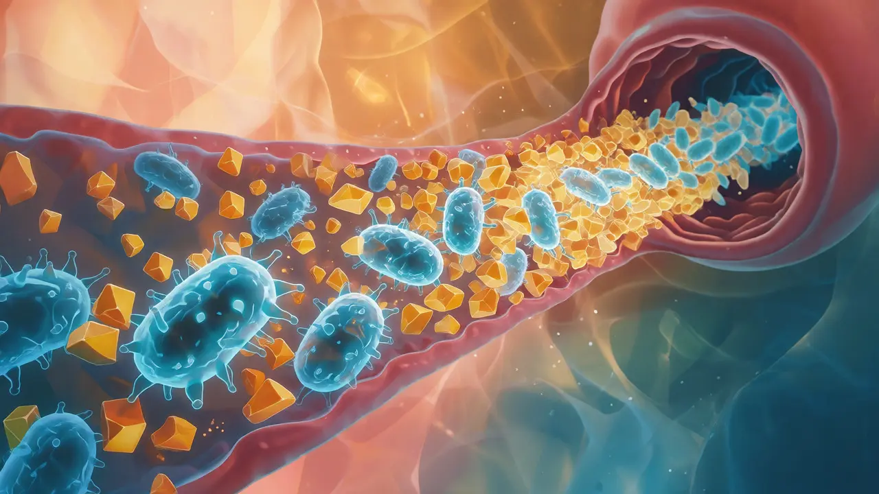 Konceptuální ilustrace synergie probiotik a prebiotik v trávicím traktu