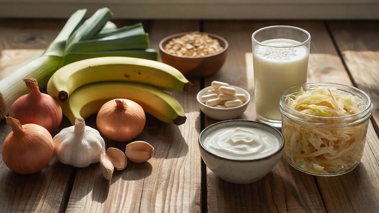 Still life s prebiotickými potravinami jako cibule a banány vedle probiotik jako jogurt a kysané zelí