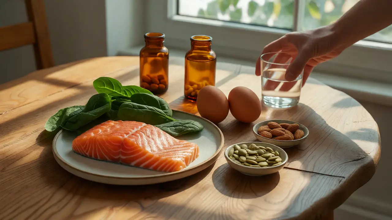 Stolní scéna s lososem, špenátem, vejci a semínky jako zdroje klíčových vitamínů.