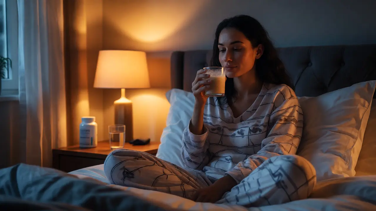 Žena pije kolagenový nápoj před spaním v ložnici
