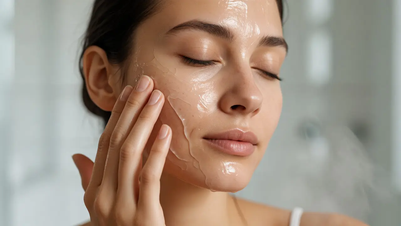 Žena s klidným výrazem nanáší průhlednou masku z aloe vera na svou tvář.
